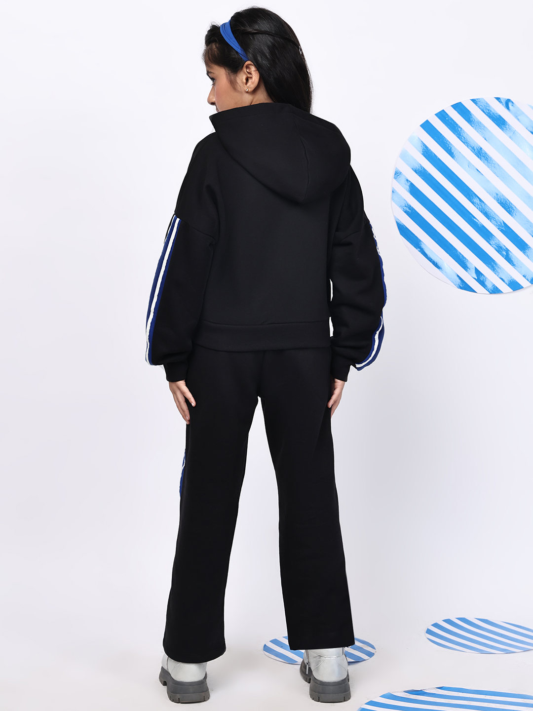 Alternative view of BaawRi Girls’ Black Fleece Jacket Set | Zip-Up Jacket with Sleeve Tape Detailing & Pockets | Matching Pants with Side Stripes | Winter Casual Tracksuit Outfit
