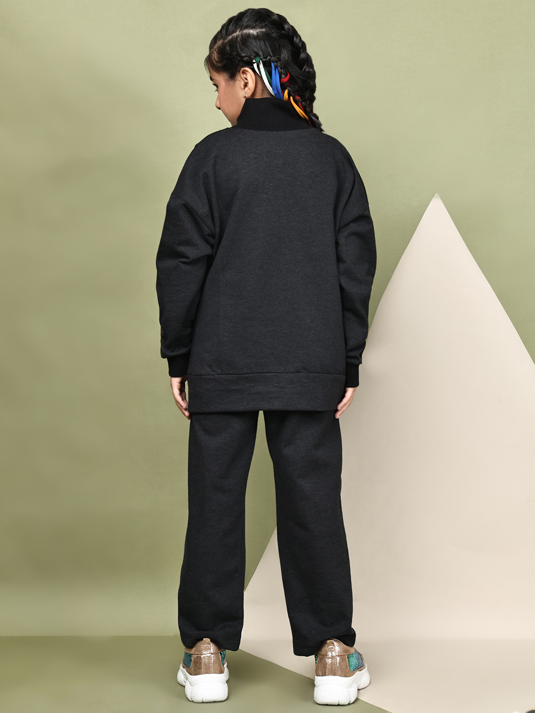 Alternative view of BaawRi Girls’ Black Fleece Co-Ord Set | Long Top with Side Front Split & Tape Detailing | Pocketed Pants with Tapes | Winter Casual Tracksuit Outfit