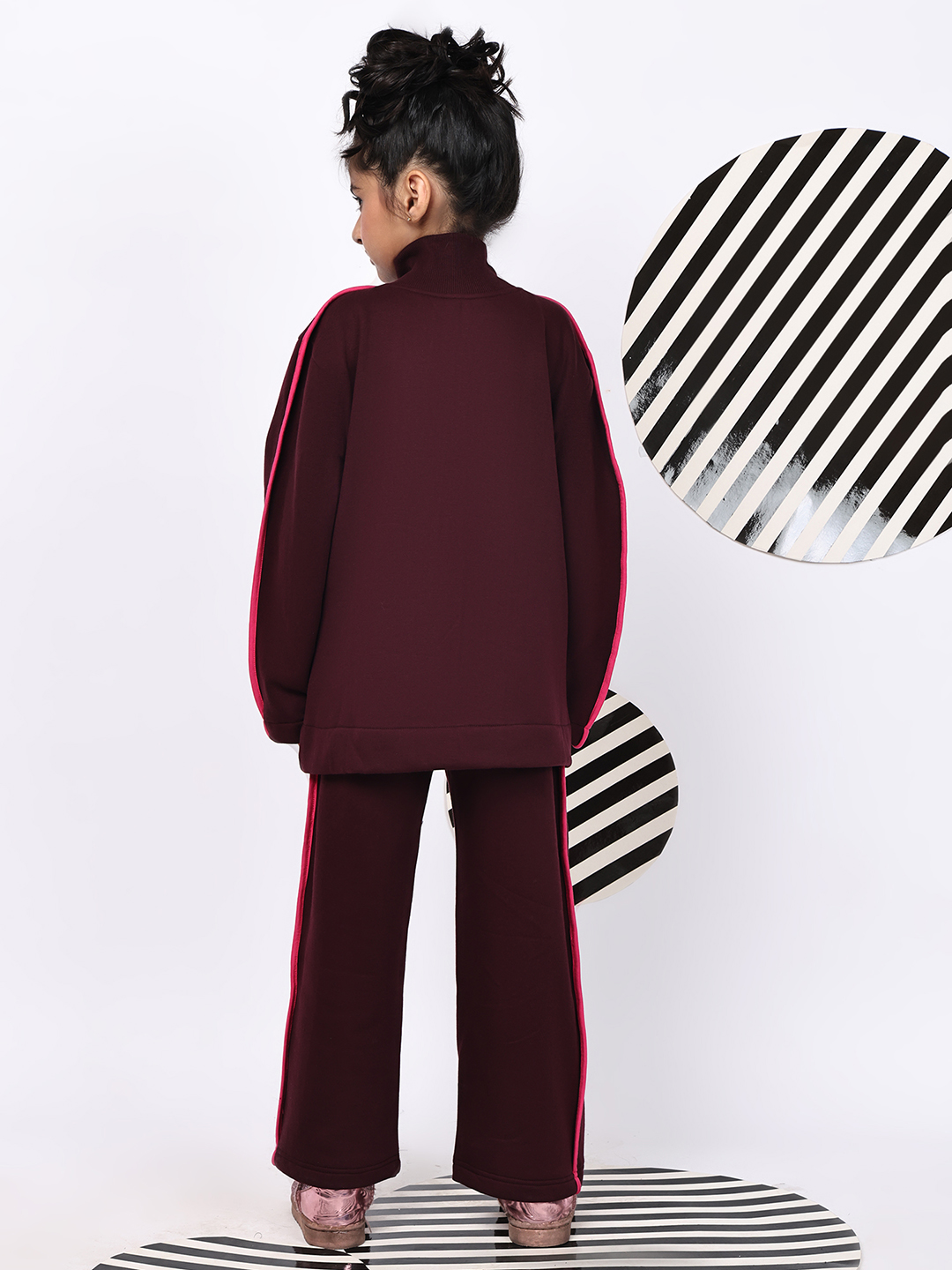 Alternative view of BaawRi Girls Fleece Tracksuit Set – Wine Jacket & Pants with Pink Piping | Soft Winter Warm Sweatshirt & Joggers Co-ord Set