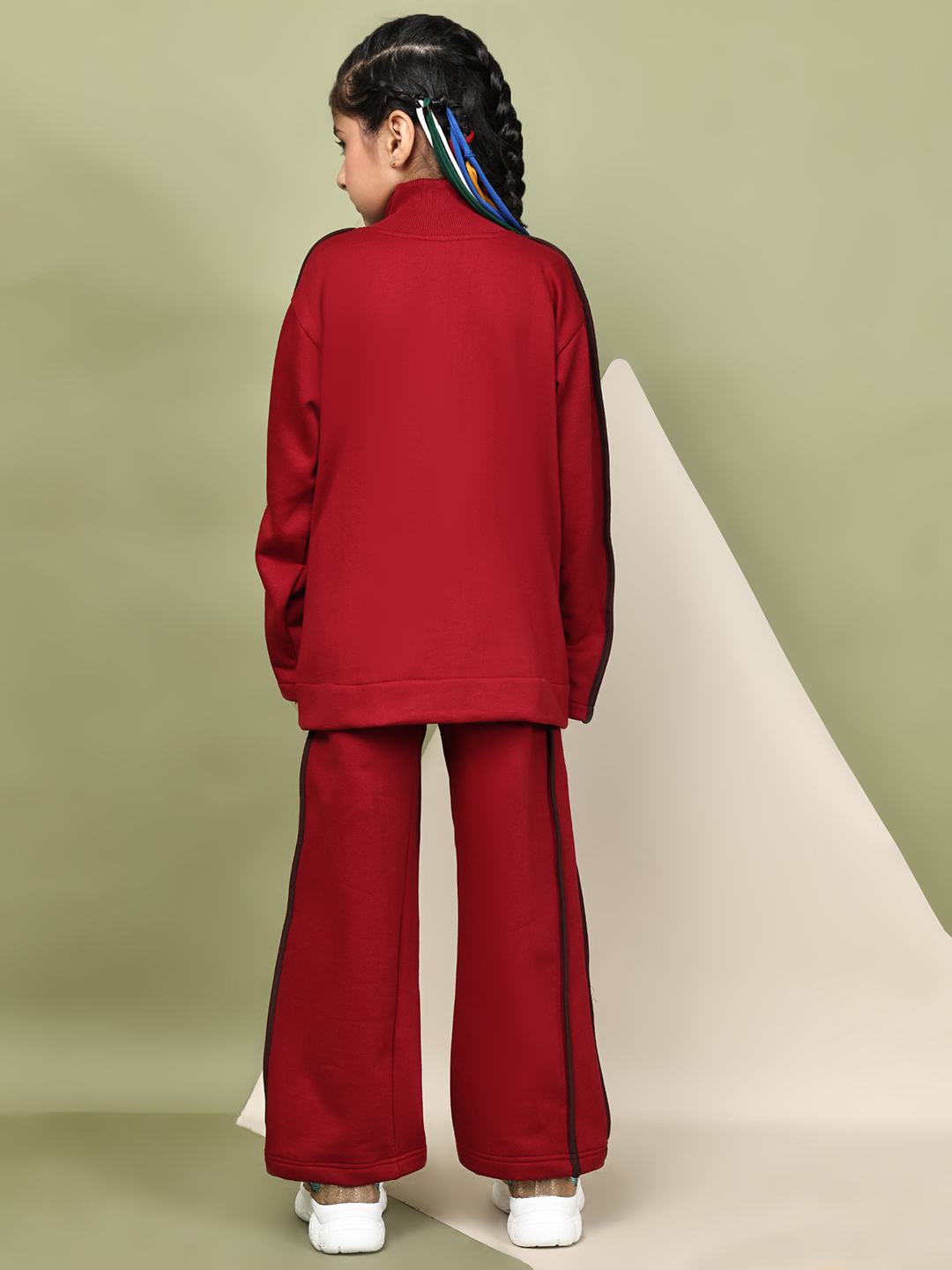 Alternative view of BaawRi Girls Fleece Tracksuit Set – Red Jacket & Pants with Wine Piping | Soft Winter Warm Sweatshirt & Joggers Co-ord Set