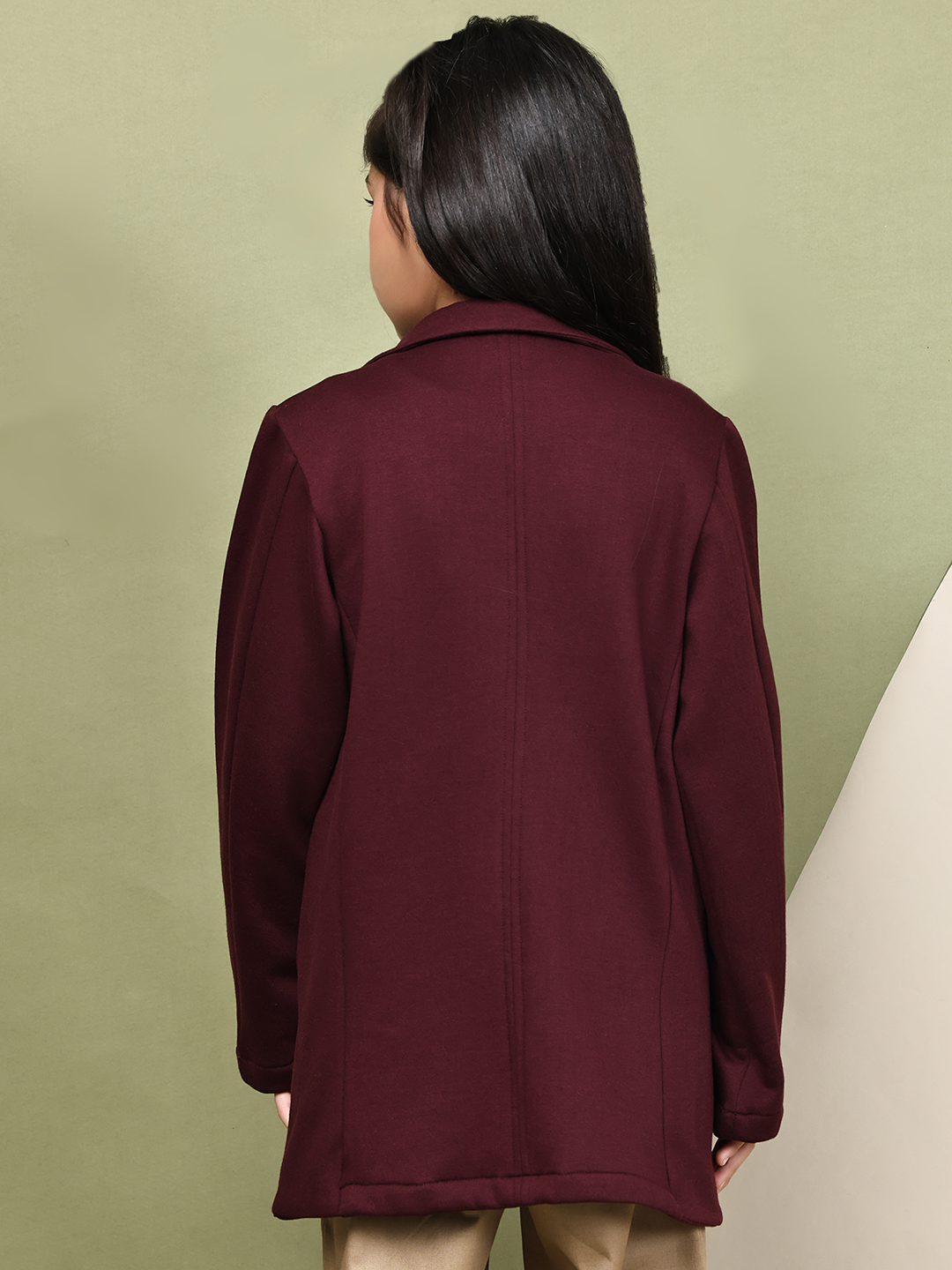 Alternative view of Girls Wine Fleece Coat – Soft Winter Jacket with Floral & Star Detailing on Lapel | Warm Stylish Coat with Pockets for Kids