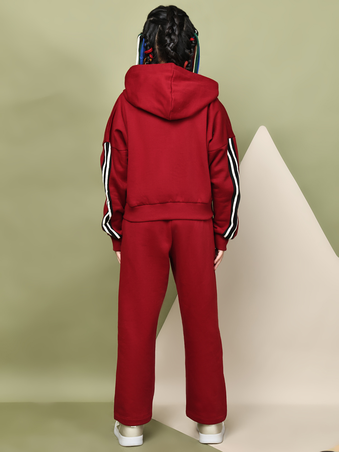 Alternative view of BaawRi Girls’ Red Fleece Jacket Set | Zip-Up Jacket with Sleeve Tape Detailing & Pockets | Matching Pants with Side Stripes | Winter Casual Tracksuit Outfit
