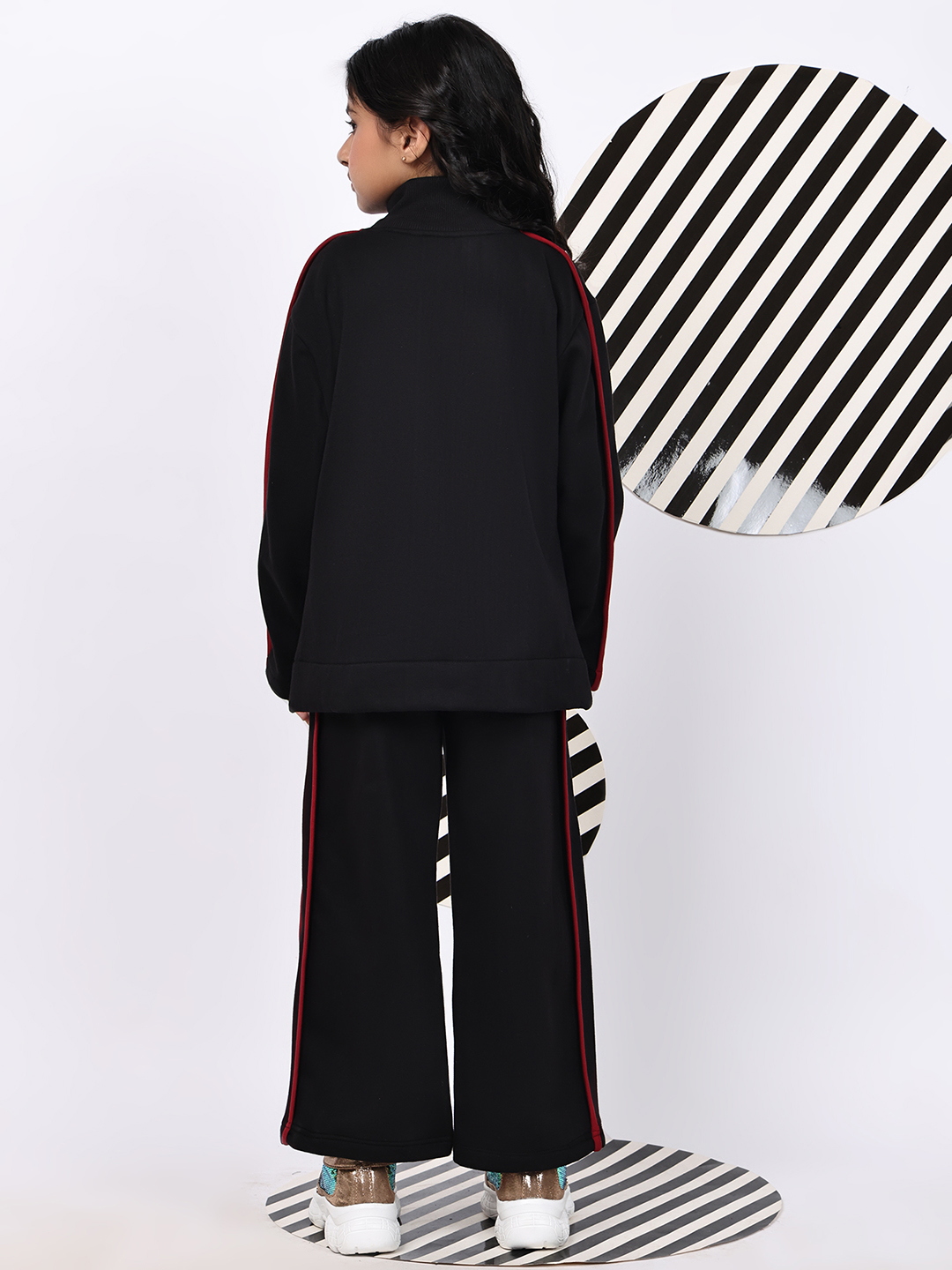 Alternative view of BaawRi Girls Fleece Tracksuit Set – Black Jacket & Pants with Red Piping | Soft Winter Warm Sweatshirt & Joggers Co-ord Set