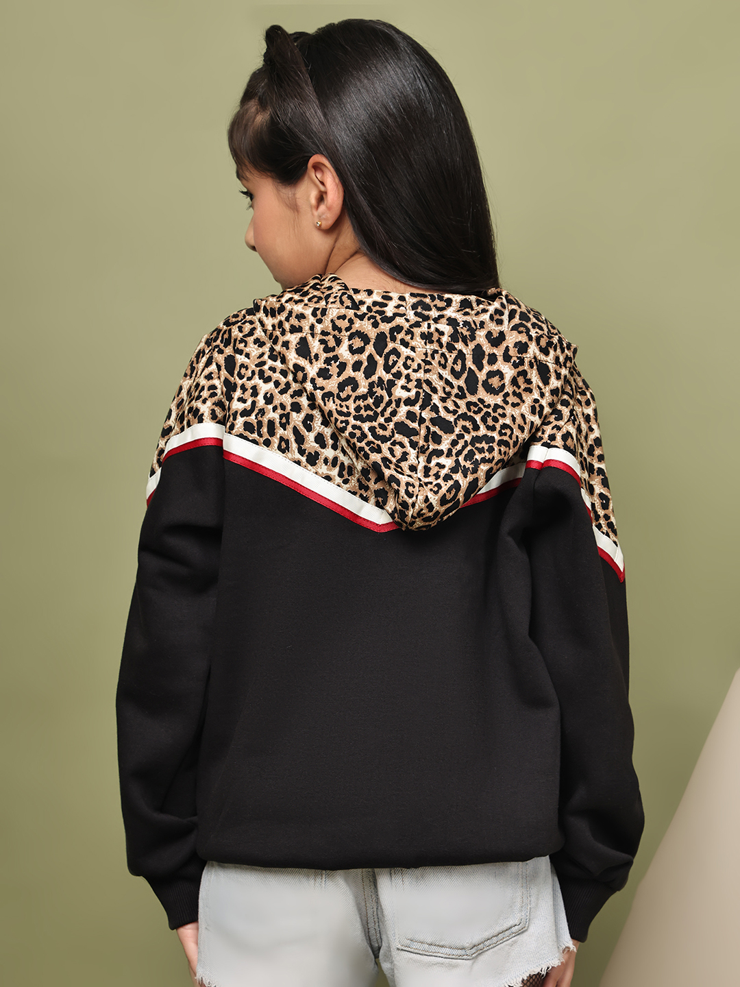 Alternative view of BaawRi Girl Black Fleece Hoodie Sweatshirt with Animal Print & Tape Detailing | Soft Warm Winter Wear for Girls | Cozy Stylish Pullover Hoodie for School & Outings