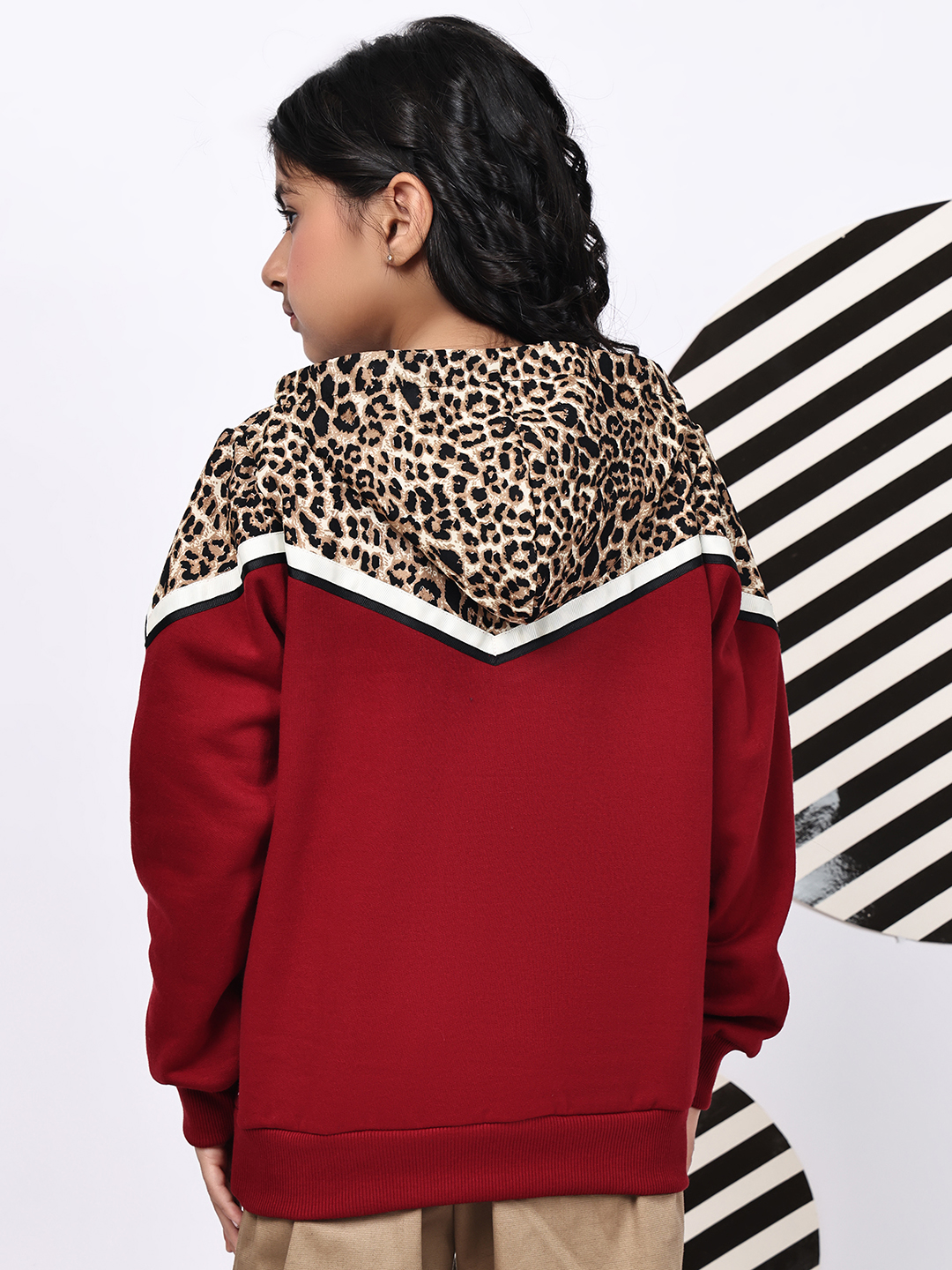 Alternative view of BaawRi Girl Red Fleece Hoodie Sweatshirt with Animal Print & Tape Detailing | Winter Wear for Girls