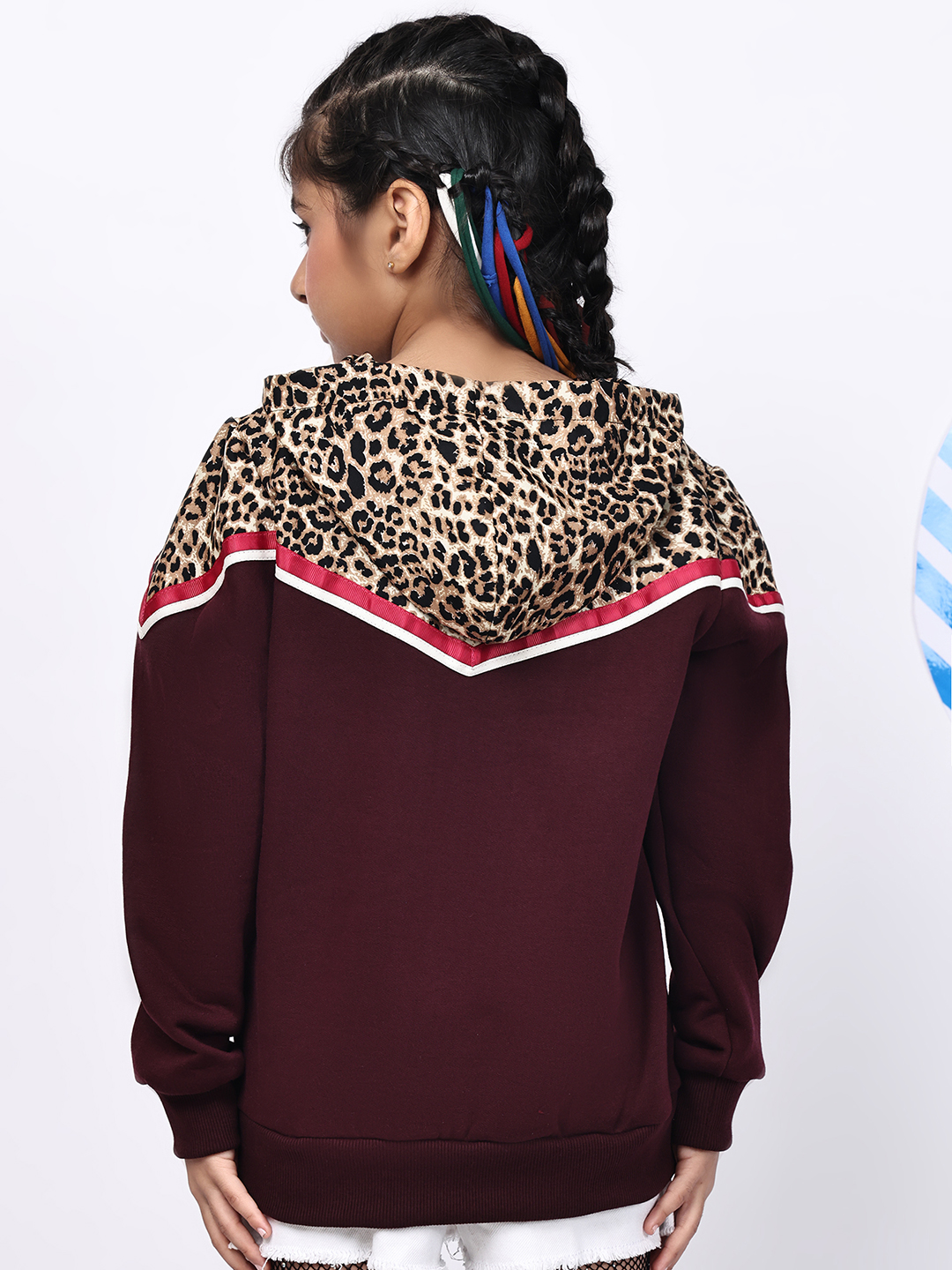 Alternative view of BaawRi Girl Wine Fleece Hoodie Sweatshirt with Animal Print & Tape Detailing | Winter Wear for Girls
