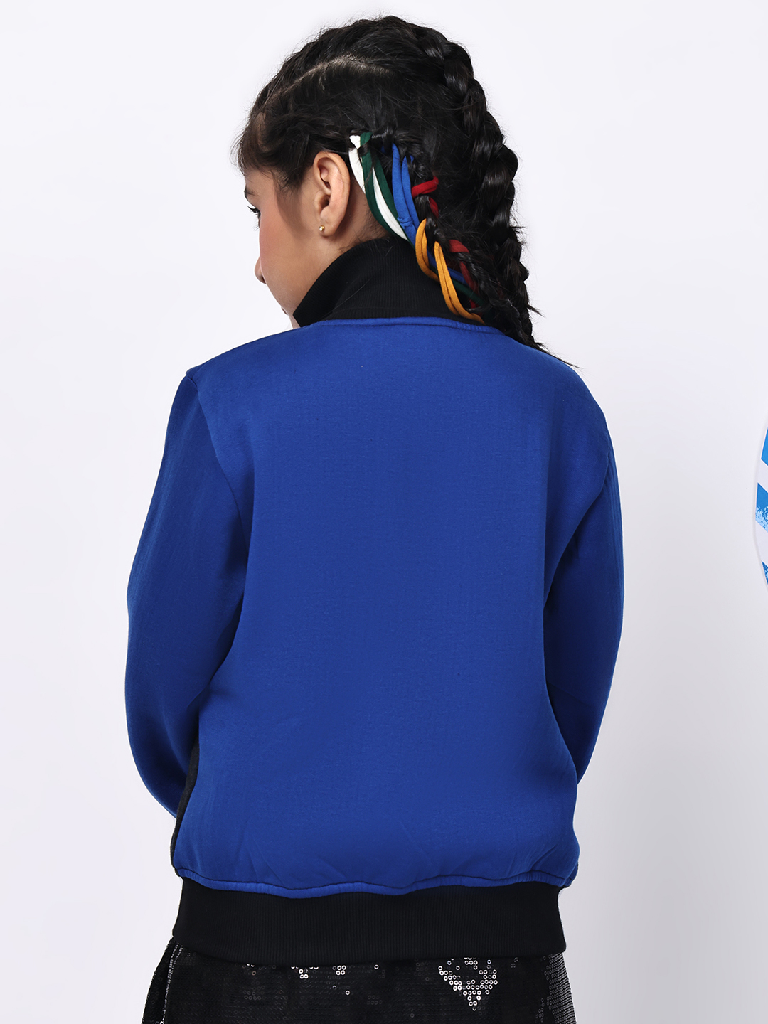 Alternative view of Girls’ Fleece Zipper Jacket | Black & Electric Blue Contrast with Tape & Sequin Detailing | Cozy Winter Sweatshirt with Pockets