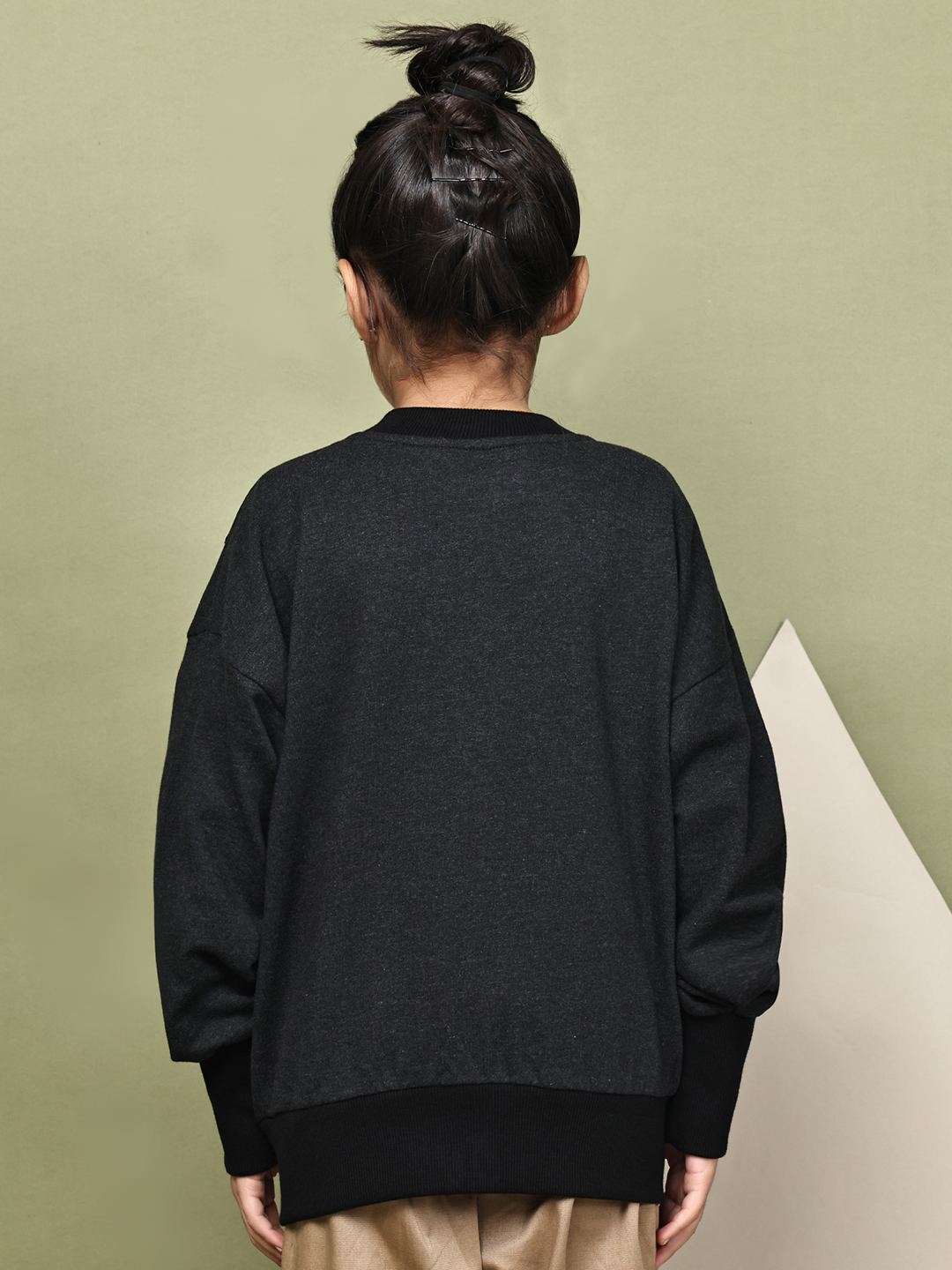 Alternative view of Girl Dark Melange Fleece Jacket with Silver Snap Buttons & Pockets | Winter Wear for Girls