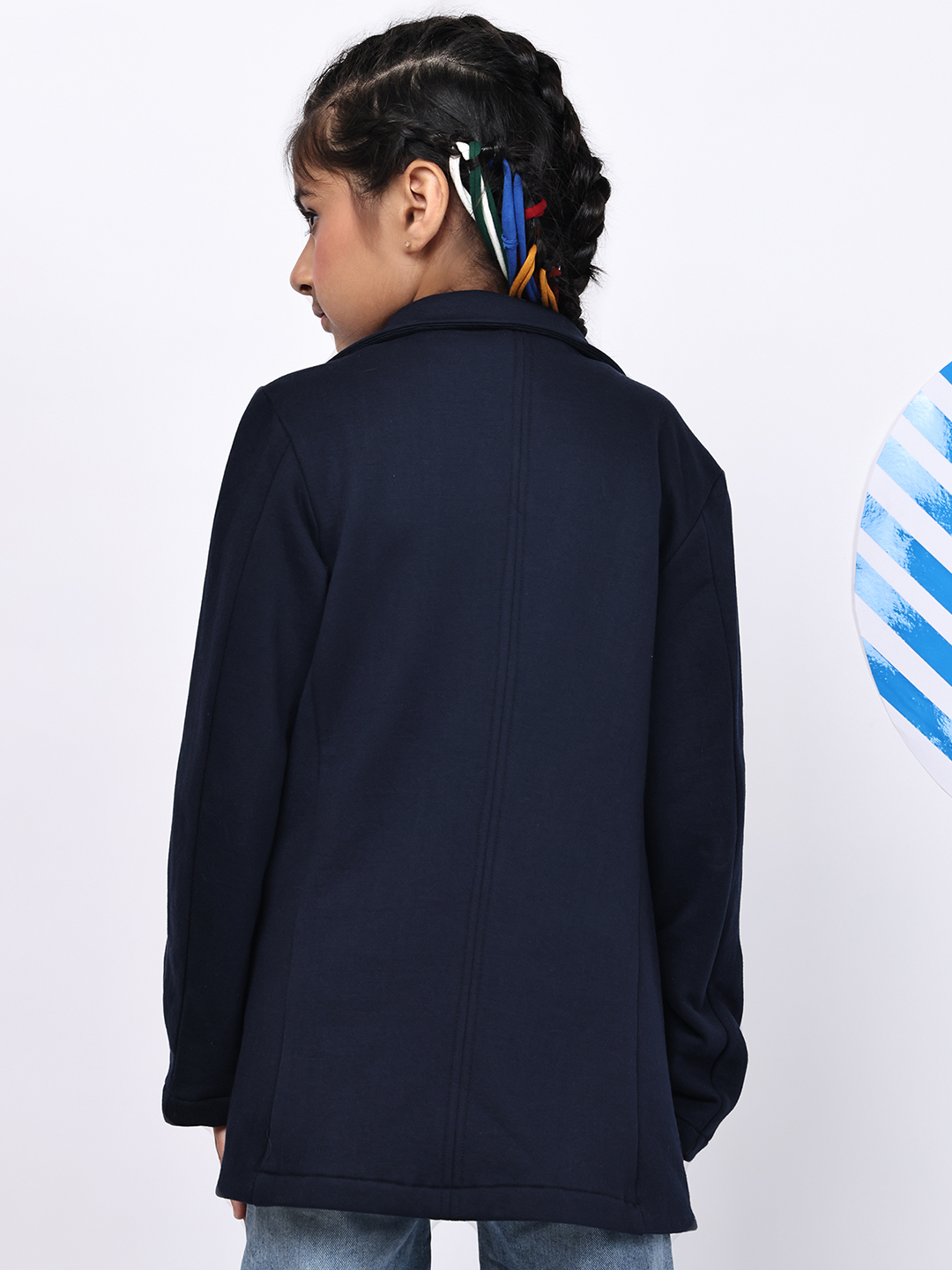 Alternative view of Girls Navy Fleece Coat – Soft Winter Jacket with Floral & Star Detailing on Lapel | Warm Stylish Coat with Pockets for Kids