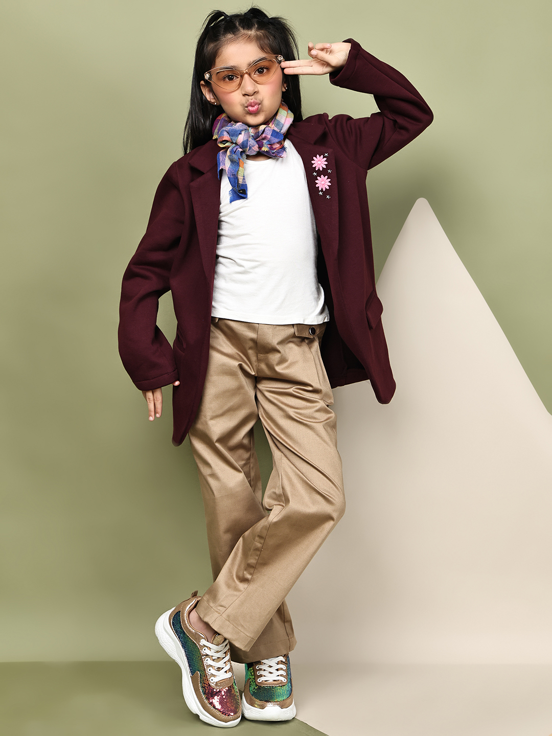 Girls Wine Fleece Coat – Soft Winter Jacket with Floral & Star Detailing on Lapel | Warm Stylish Coat with Pockets for Kids - Image 6