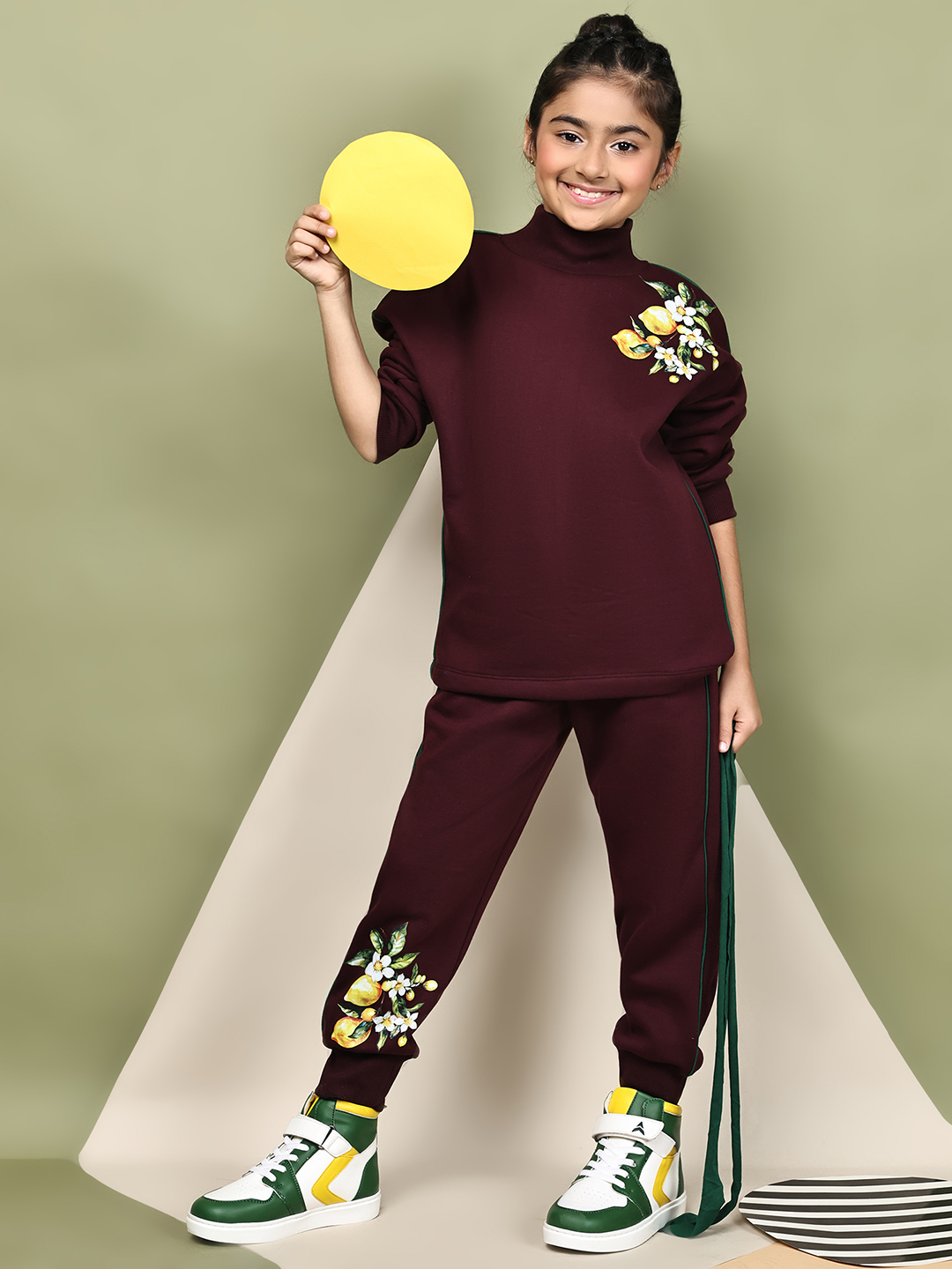 BaawRi Girls Wine Fleece Co-Ord Set with Lemon Print | Sweatshirt & Jogger Pants Winter Tracksuit - Image 8