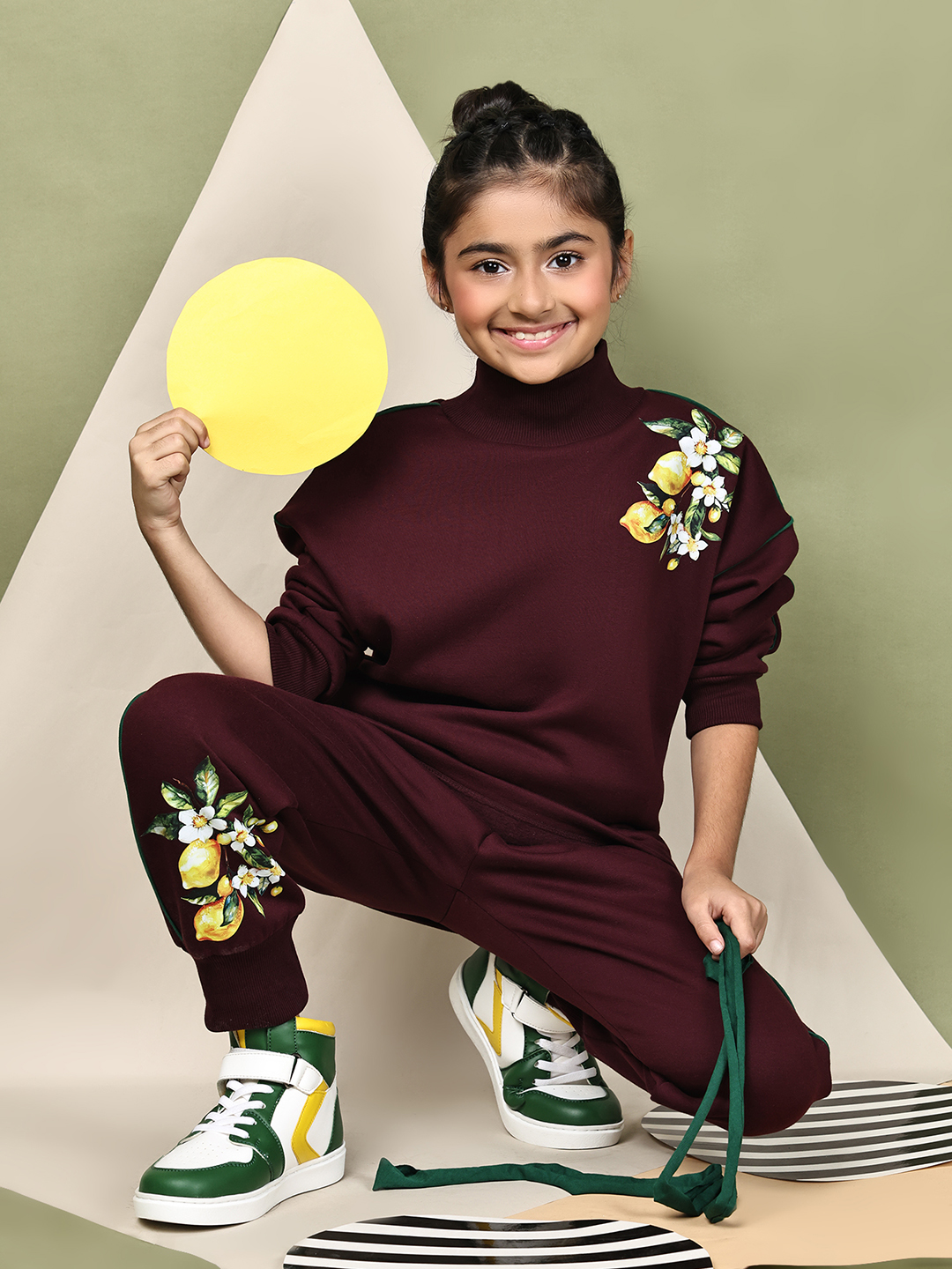 BaawRi Girls Wine Fleece Co-Ord Set with Lemon Print | Sweatshirt & Jogger Pants Winter Tracksuit - Image 9