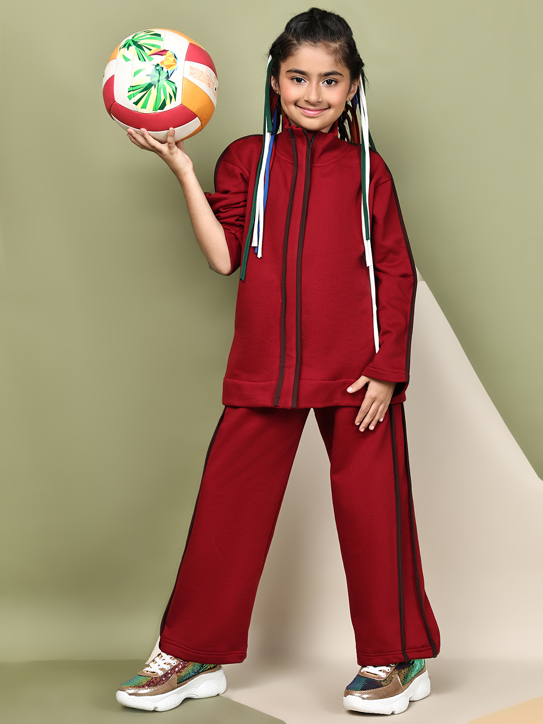 BaawRi Girls Fleece Tracksuit Set – Red Jacket & Pants with Wine Piping | Soft Winter Warm Sweatshirt & Joggers Co-ord Set - Image 8