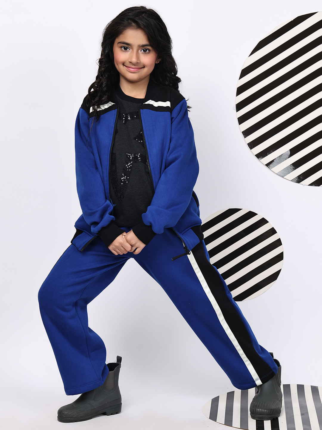 BaawRi Girls Blue Fleece Co-Ord Set with Tape Detailing | Winter Tracksuit with Jacket & Pants - Image 8