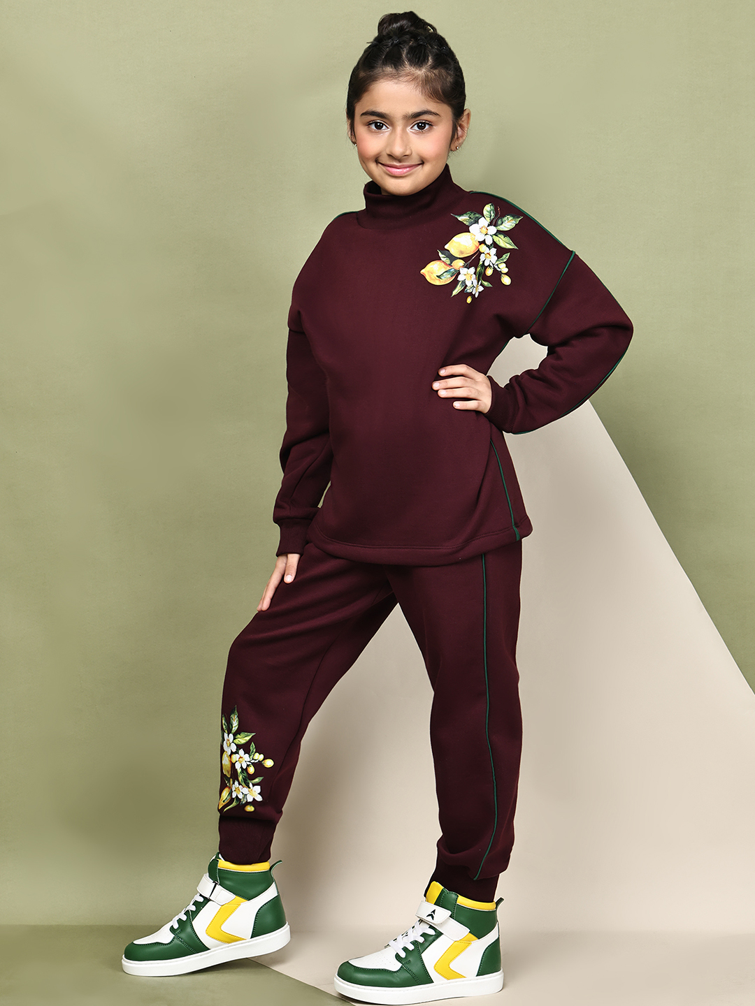 BaawRi Girls Wine Fleece Co-Ord Set with Lemon Print | Sweatshirt & Jogger Pants Winter Tracksuit - Image 3