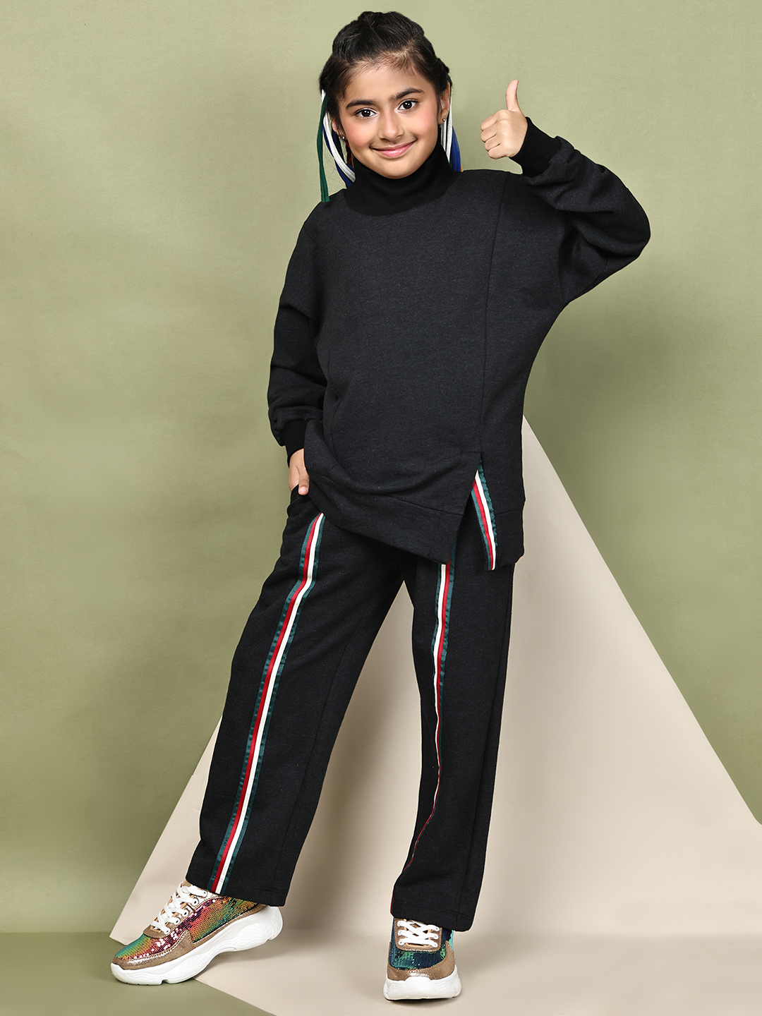 BaawRi Girls’ Black Fleece Co-Ord Set | Long Top with Side Front Split & Tape Detailing | Pocketed Pants with Tapes | Winter Casual Tracksuit Outfit - Image 3