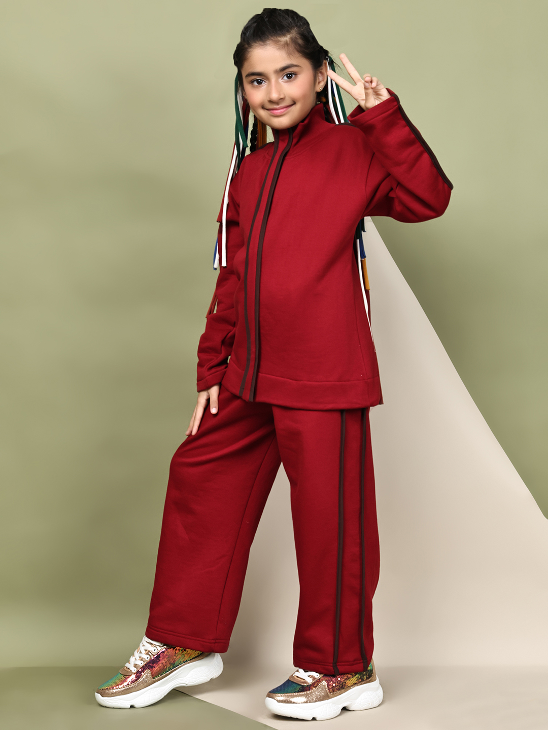 BaawRi Girls Fleece Tracksuit Set – Red Jacket & Pants with Wine Piping | Soft Winter Warm Sweatshirt & Joggers Co-ord Set - Image 3