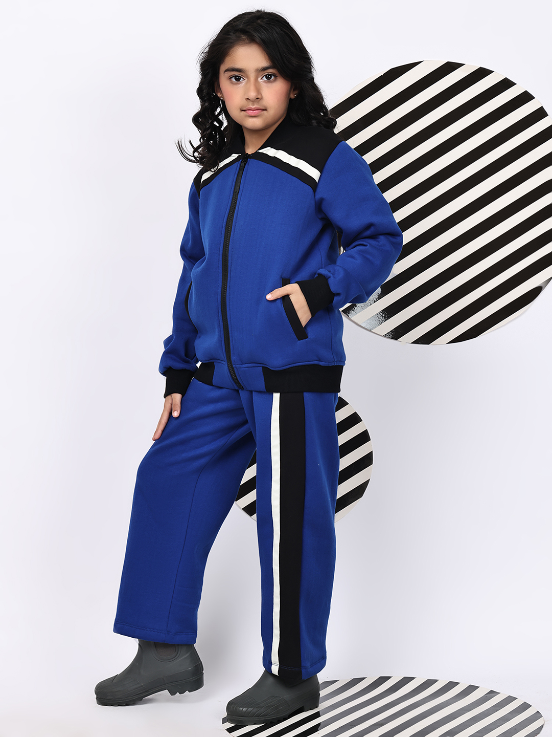 BaawRi Girls Blue Fleece Co-Ord Set with Tape Detailing | Winter Tracksuit with Jacket & Pants - Image 3