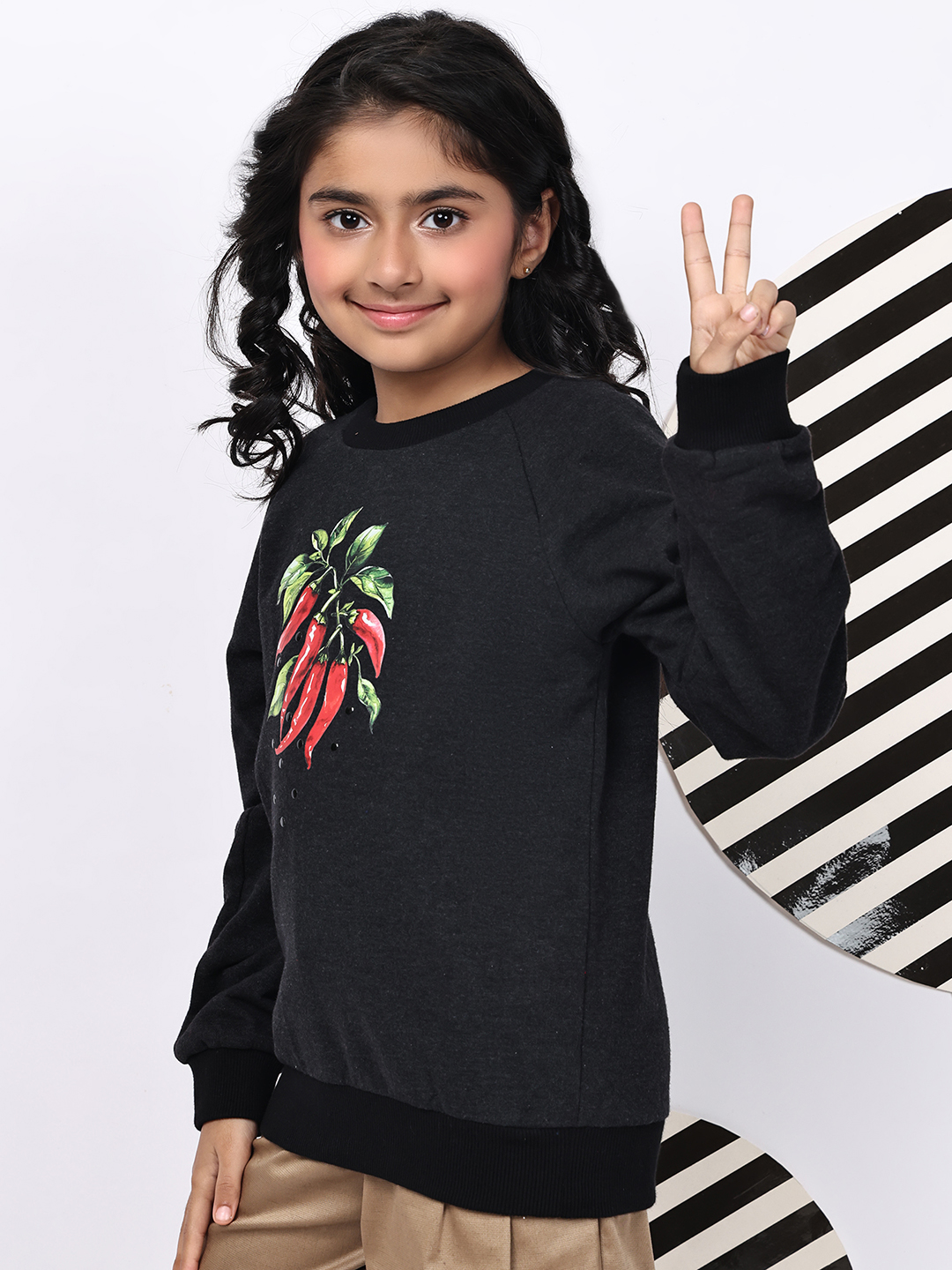 BaawRi Girl Dark Melange Soft Fleece Sweatshirt with Chili Pepper Print | Winter Wear for Girls - Image 3