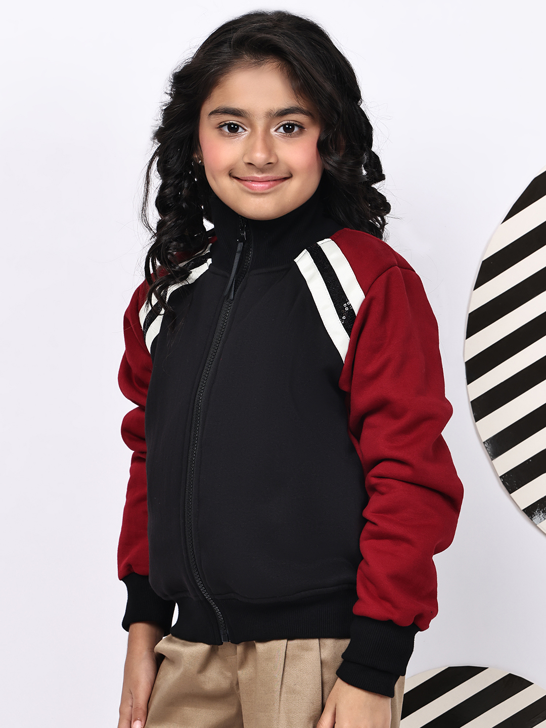 Girls’ Fleece Zipper Jacket | Black & Red Contrast with Tape & Sequin Detailing | Cozy Winter Sweatshirt with Pockets - Image 3