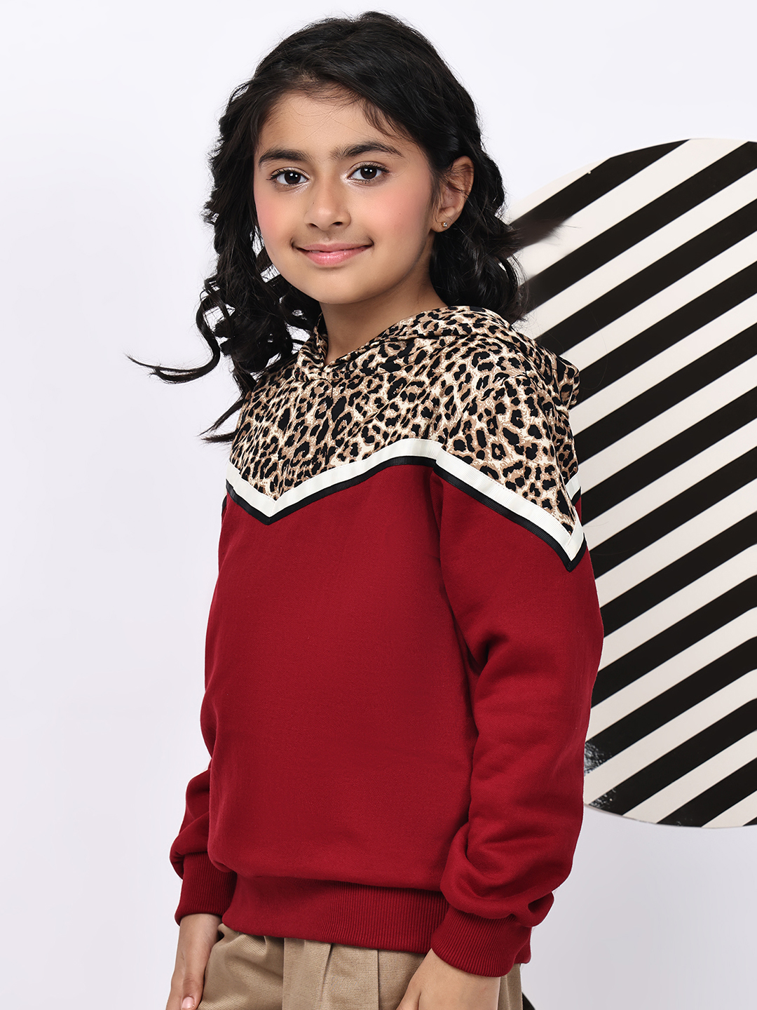 BaawRi Girl Red Fleece Hoodie Sweatshirt with Animal Print & Tape Detailing | Winter Wear for Girls - Image 3