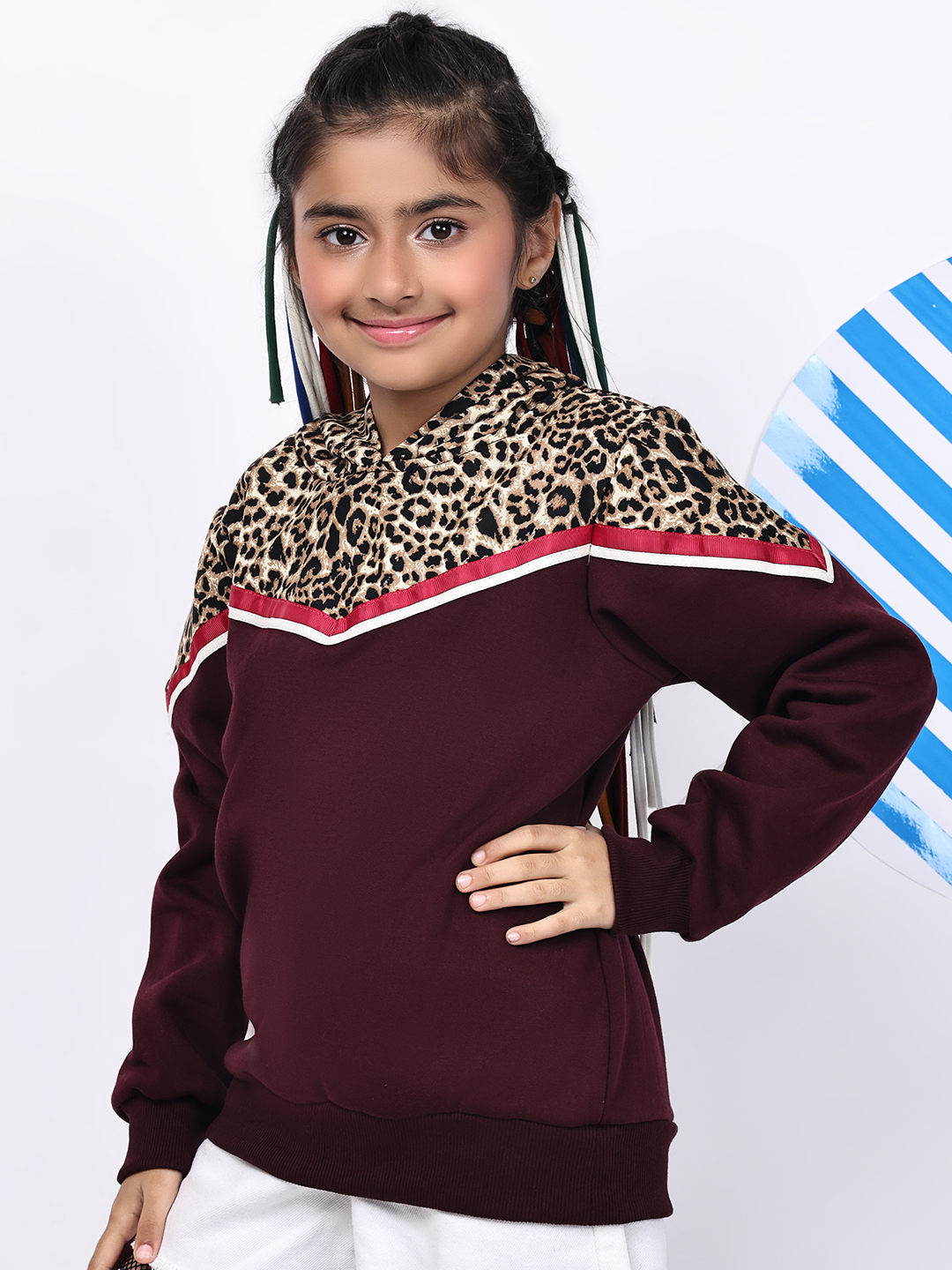 BaawRi Girl Wine Fleece Hoodie Sweatshirt with Animal Print & Tape Detailing | Winter Wear for Girls - Image 3