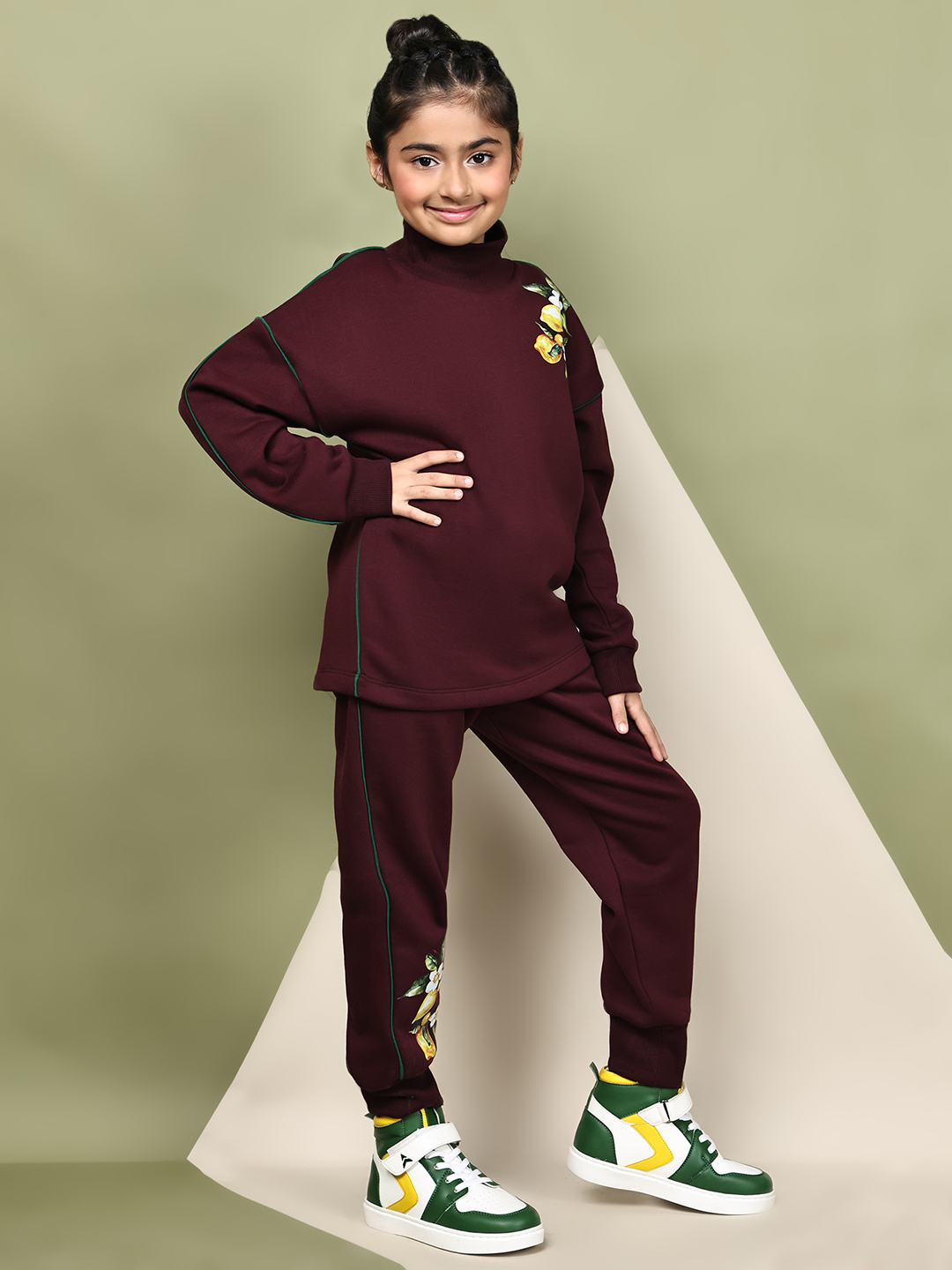 BaawRi Girls Wine Fleece Co-Ord Set with Lemon Print | Sweatshirt & Jogger Pants Winter Tracksuit - Image 4