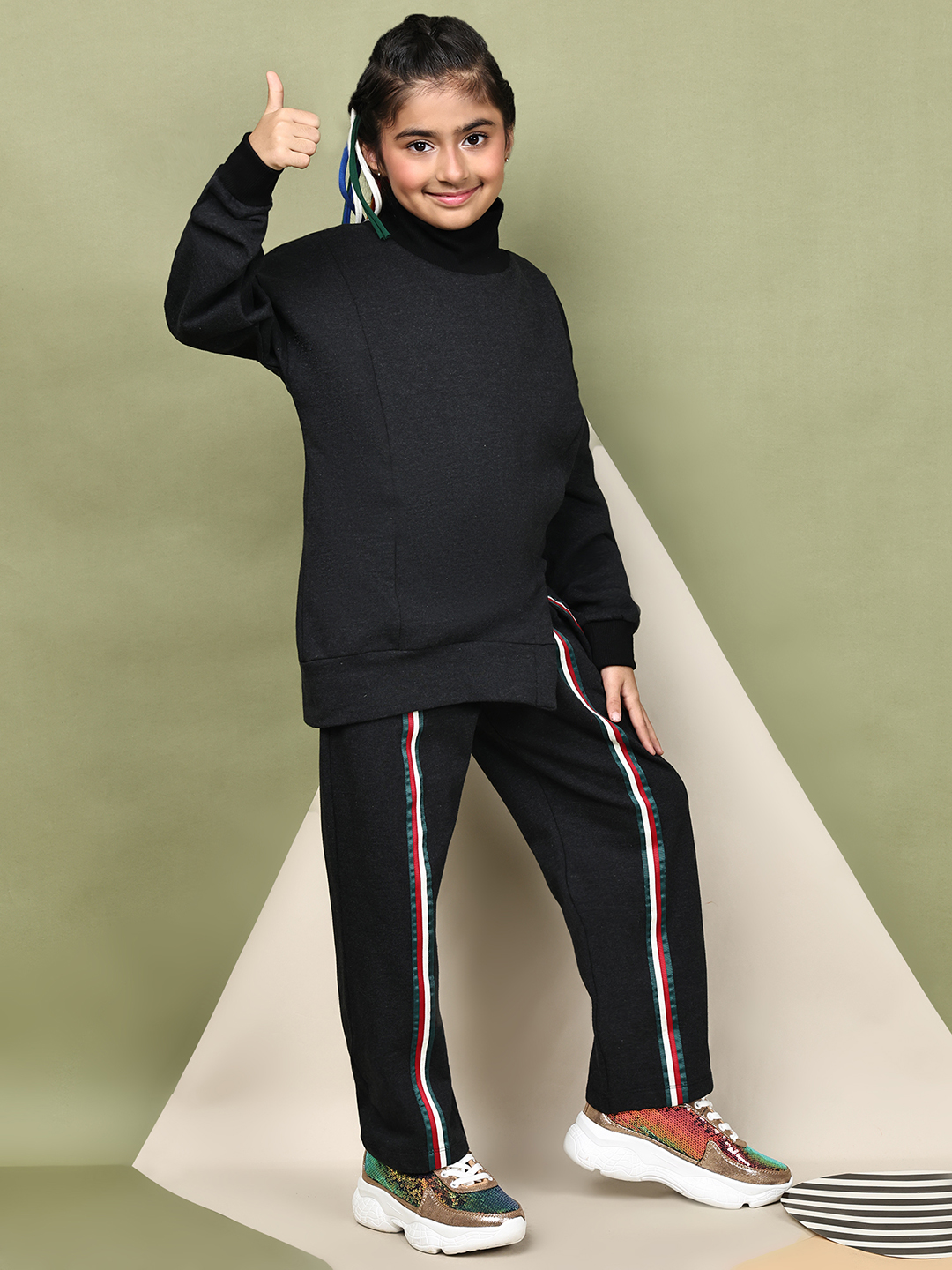 BaawRi Girls’ Black Fleece Co-Ord Set | Long Top with Side Front Split & Tape Detailing | Pocketed Pants with Tapes | Winter Casual Tracksuit Outfit - Image 4