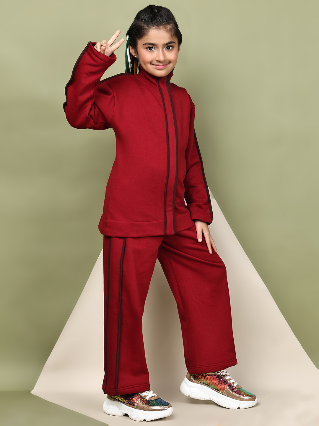 BaawRi Girls Fleece Tracksuit Set – Red Jacket & Pants with Wine Piping | Soft Winter Warm Sweatshirt & Joggers Co-ord Set - Image 4