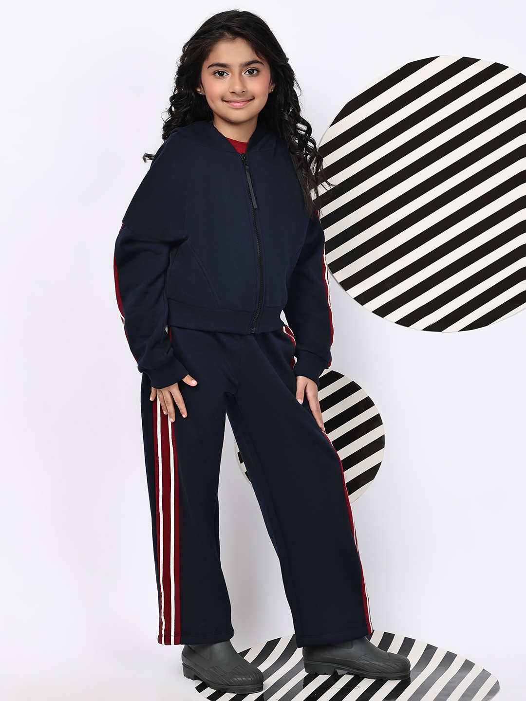 BaawRi Girls’ Navy Fleece Jacket Set | Zip-Up Jacket with Sleeve Tape Detailing & Pockets | Matching Pants with Side Stripes | Winter Casual Tracksuit Outfit - Image 4