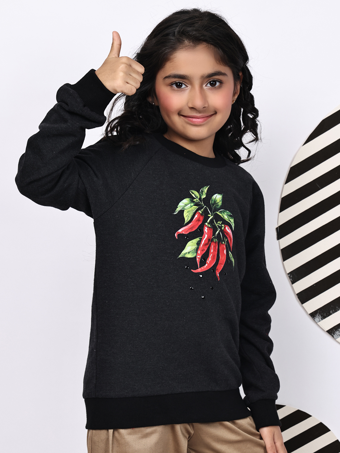 BaawRi Girl Dark Melange Soft Fleece Sweatshirt with Chili Pepper Print | Winter Wear for Girls - Image 4