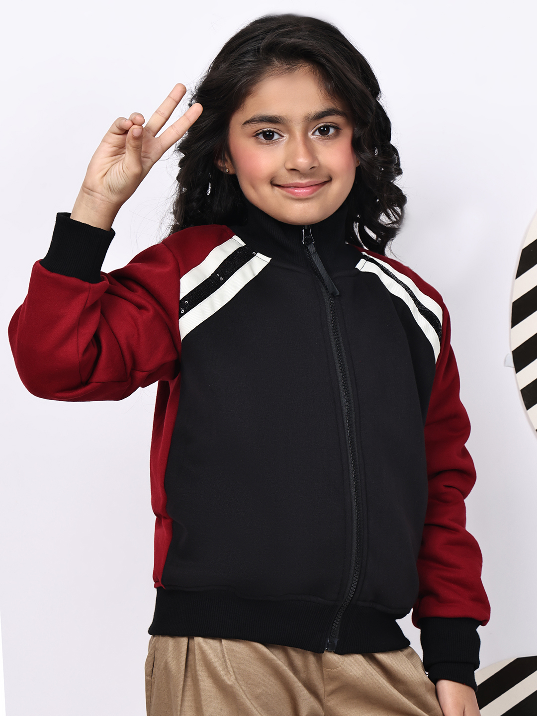 Girls’ Fleece Zipper Jacket | Black & Red Contrast with Tape & Sequin Detailing | Cozy Winter Sweatshirt with Pockets - Image 4