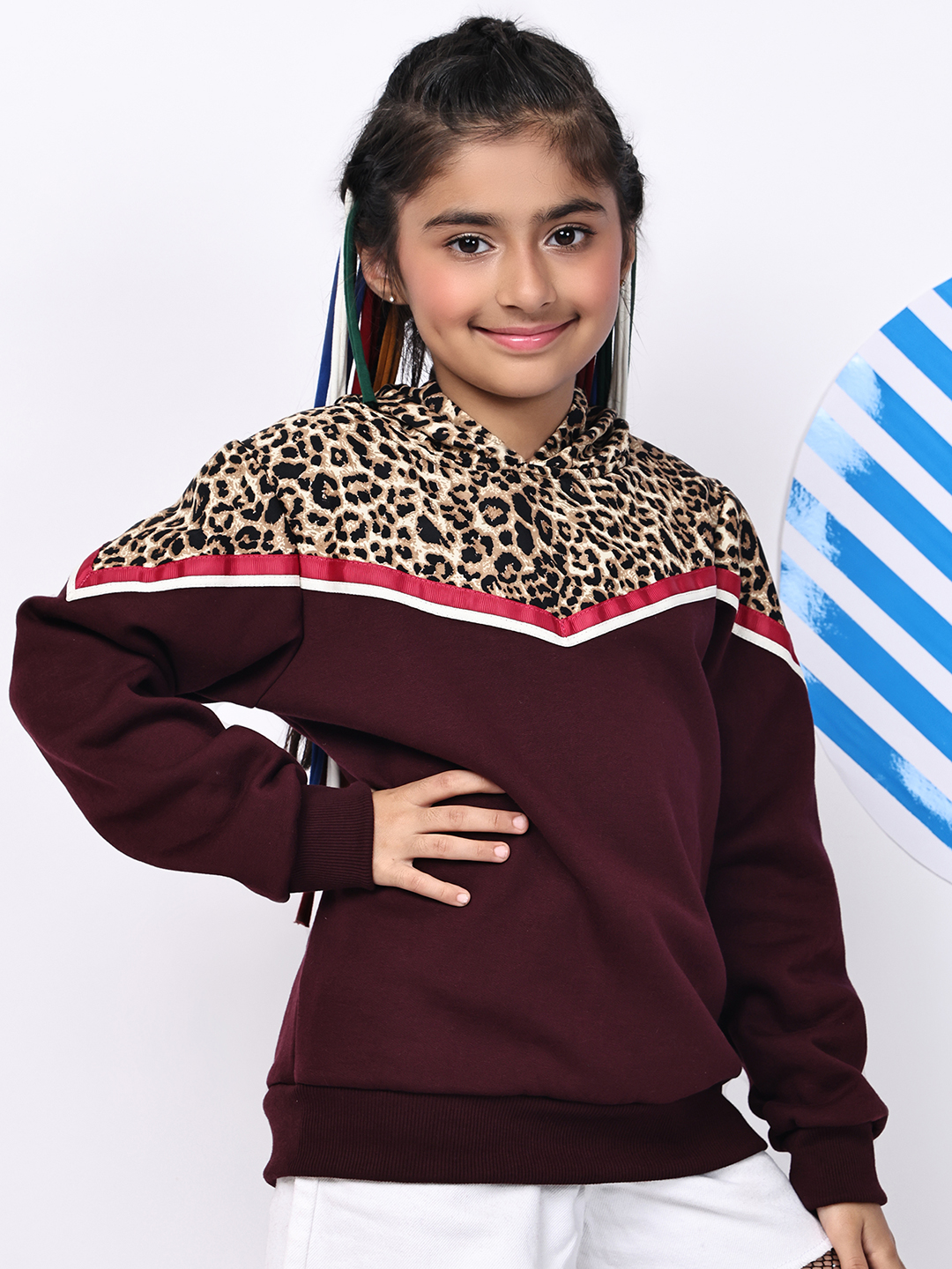 BaawRi Girl Wine Fleece Hoodie Sweatshirt with Animal Print & Tape Detailing | Winter Wear for Girls - Image 4