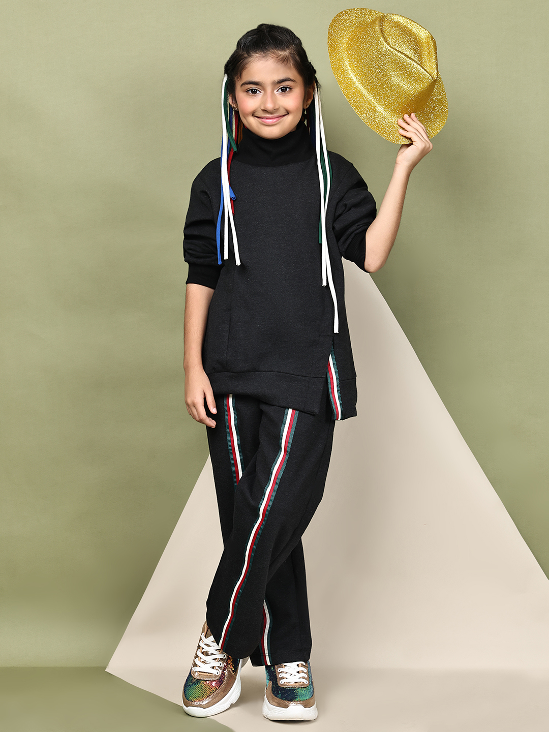 BaawRi Girls’ Black Fleece Co-Ord Set | Long Top with Side Front Split & Tape Detailing | Pocketed Pants with Tapes | Winter Casual Tracksuit Outfit - Image 5