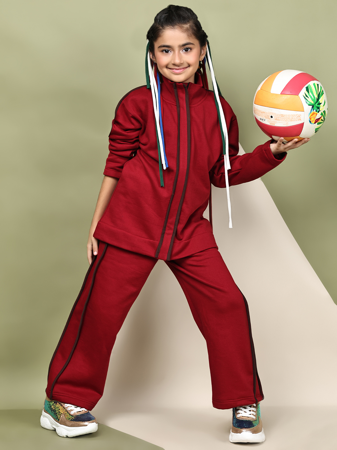 BaawRi Girls Fleece Tracksuit Set – Red Jacket & Pants with Wine Piping | Soft Winter Warm Sweatshirt & Joggers Co-ord Set - Image 5