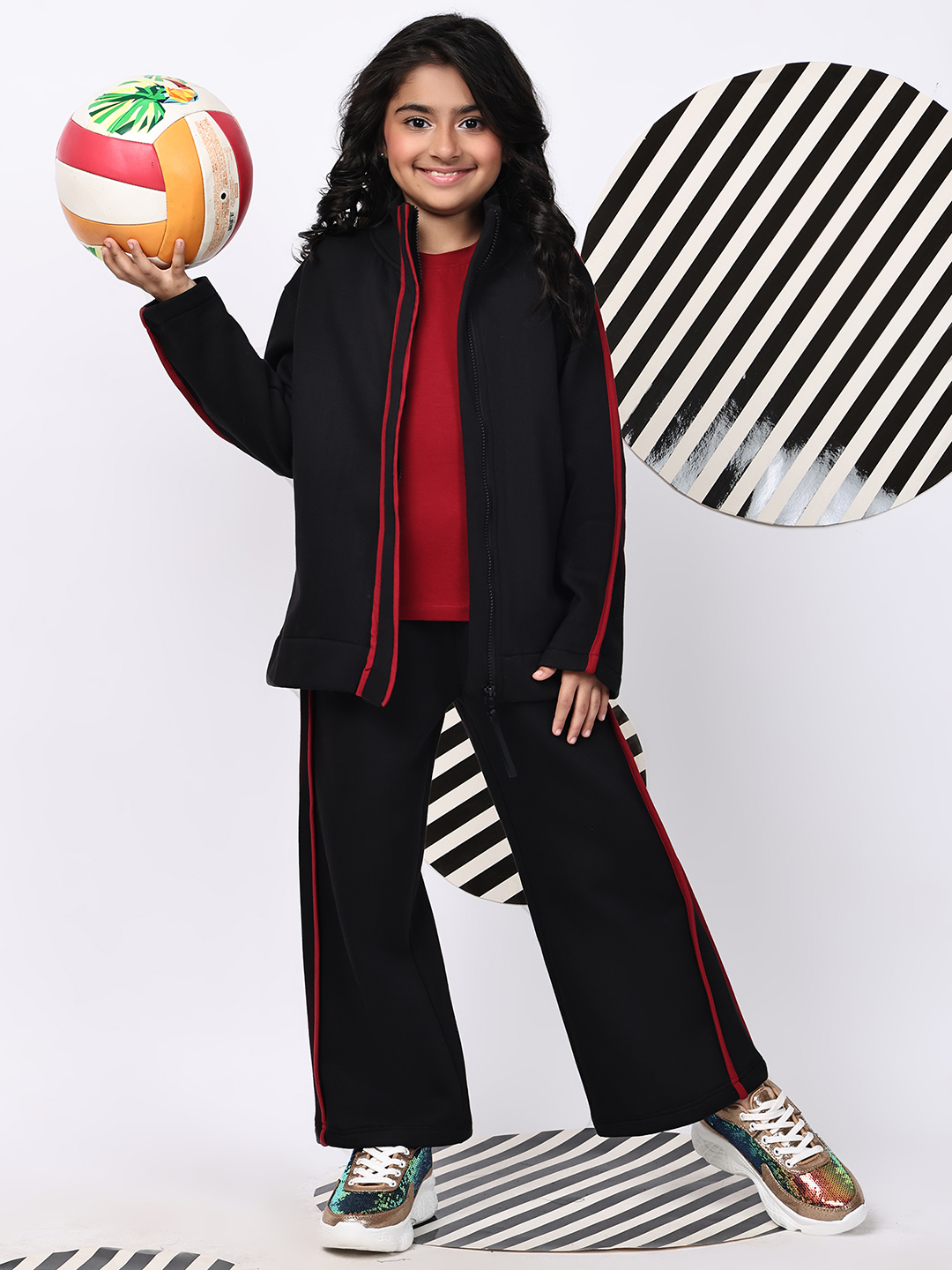 BaawRi Girls Fleece Tracksuit Set – Black Jacket & Pants with Red Piping | Soft Winter Warm Sweatshirt & Joggers Co-ord Set - Image 5