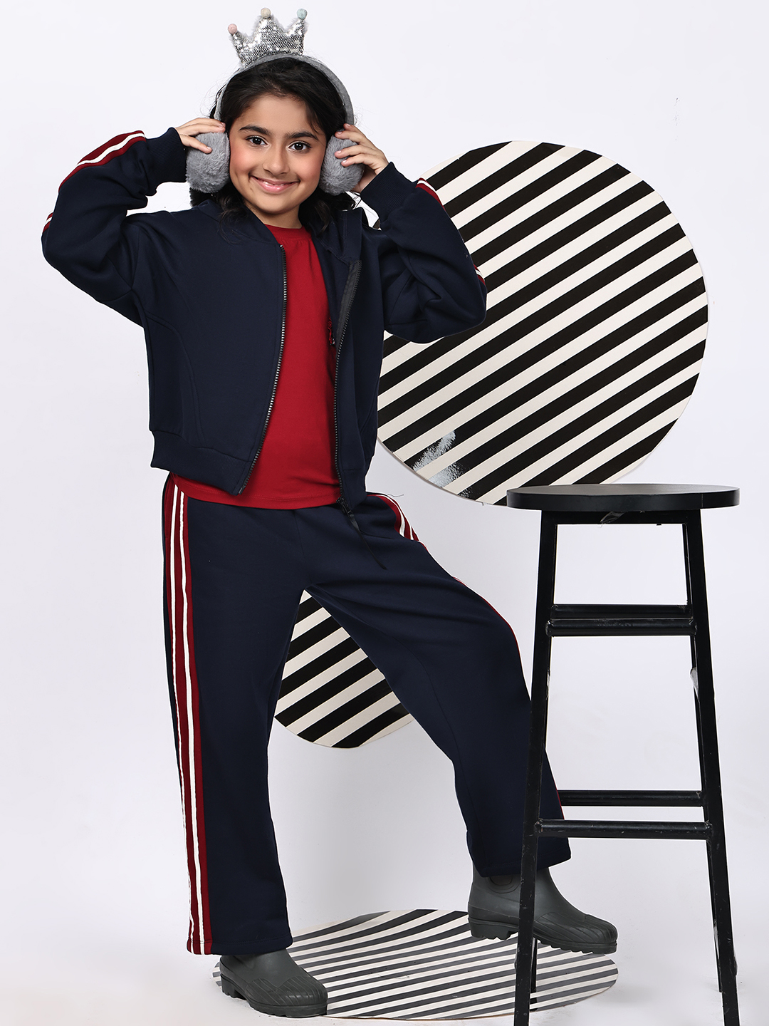 BaawRi Girls’ Navy Fleece Jacket Set | Zip-Up Jacket with Sleeve Tape Detailing & Pockets | Matching Pants with Side Stripes | Winter Casual Tracksuit Outfit - Image 5