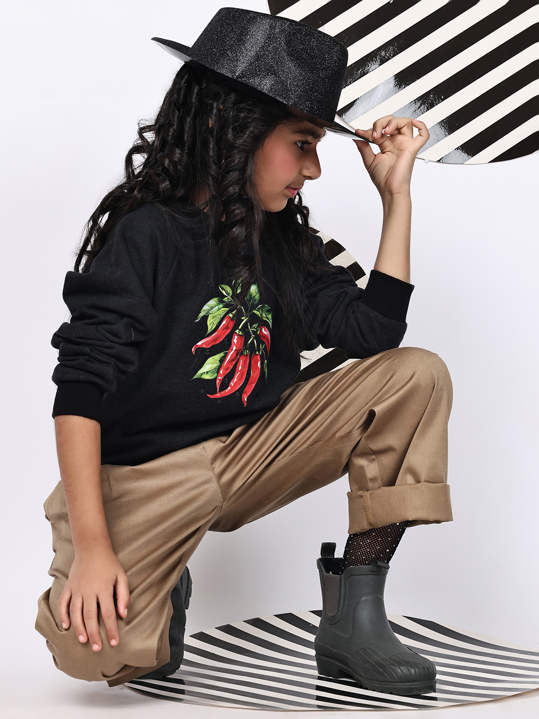 BaawRi Girl Dark Melange Soft Fleece Sweatshirt with Chili Pepper Print | Winter Wear for Girls - Image 5