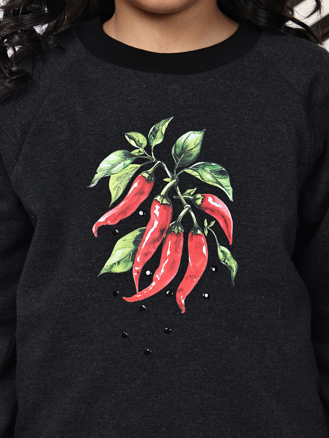 BaawRi Girl Dark Melange Soft Fleece Sweatshirt with Chili Pepper Print | Winter Wear for Girls - Image 6