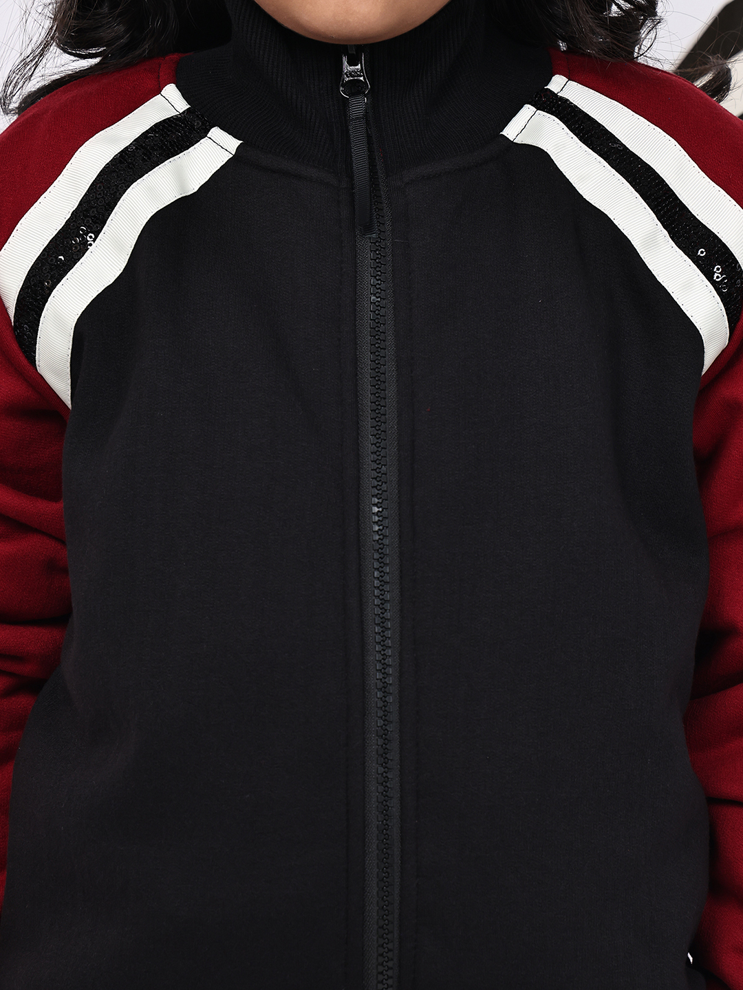 Girls’ Fleece Zipper Jacket | Black & Red Contrast with Tape & Sequin Detailing | Cozy Winter Sweatshirt with Pockets - Image 6