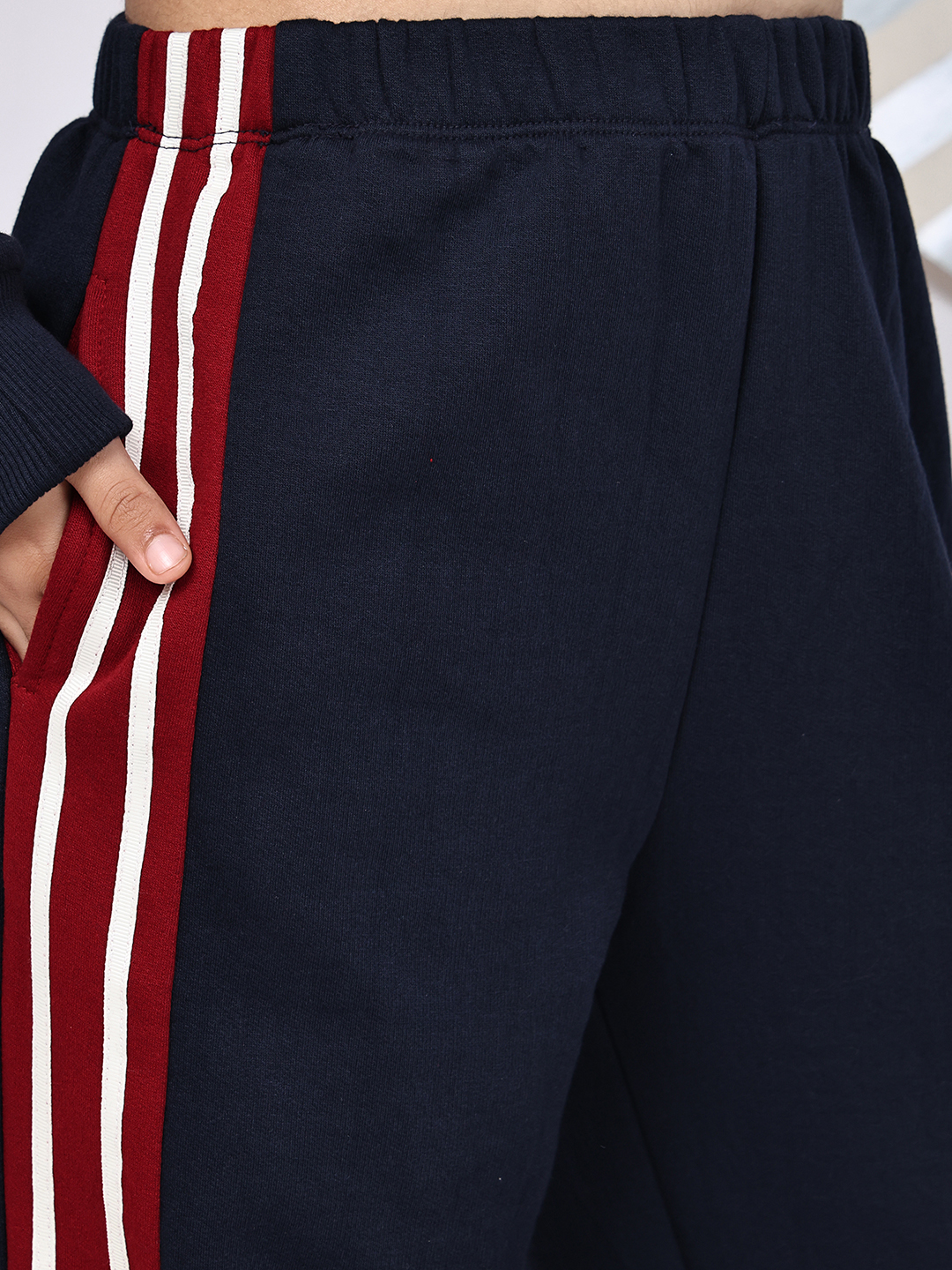 BaawRi Girls’ Navy Fleece Jacket Set | Zip-Up Jacket with Sleeve Tape Detailing & Pockets | Matching Pants with Side Stripes | Winter Casual Tracksuit Outfit - Image 7