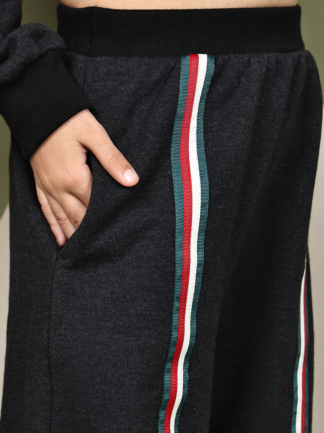 BaawRi Girls’ Black Fleece Co-Ord Set | Long Top with Side Front Split & Tape Detailing | Pocketed Pants with Tapes | Winter Casual Tracksuit Outfit - Image 7