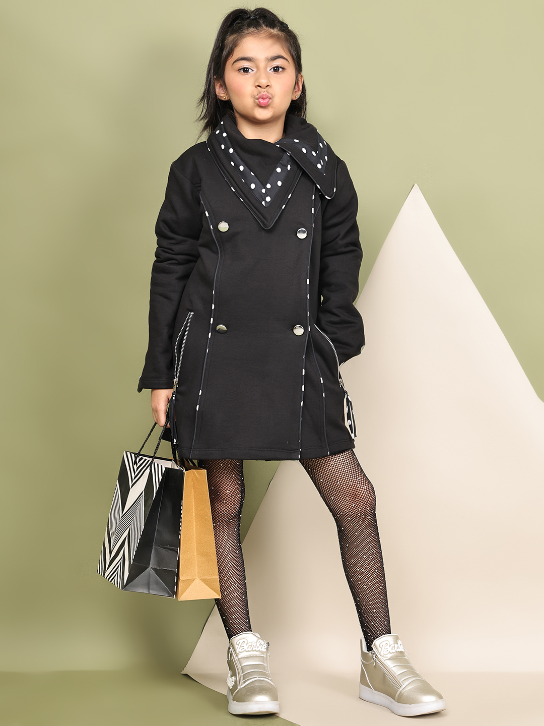 Alternative view of Girls Fleece Overcoat – Black Winter Coat with Piping, Silver Buttons & Zipper Details | Warm Stylish Long Jacket for Kids