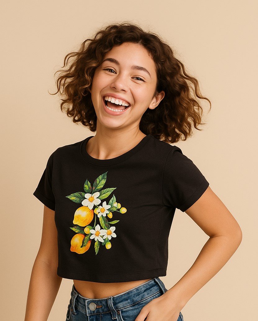 Girl's Black Viscose Crop T-Shirt with Lemon Blossom Print